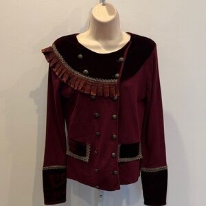 Radzoli Vintage Burgundy Velvet Trim Blazer Women M Luxury Lace